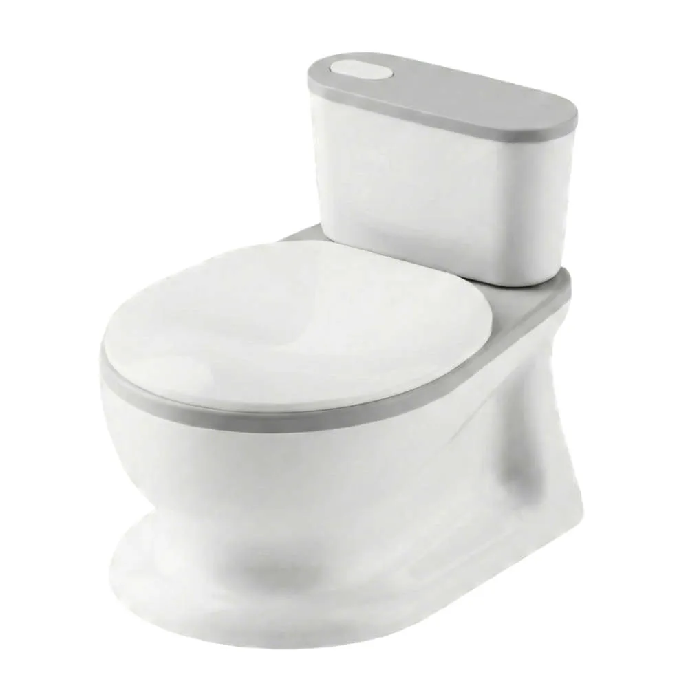 Wholesale Realistic Baby Potty PT202 in grey featuring a flushing sound button, PU cushion, and tissue storage box.