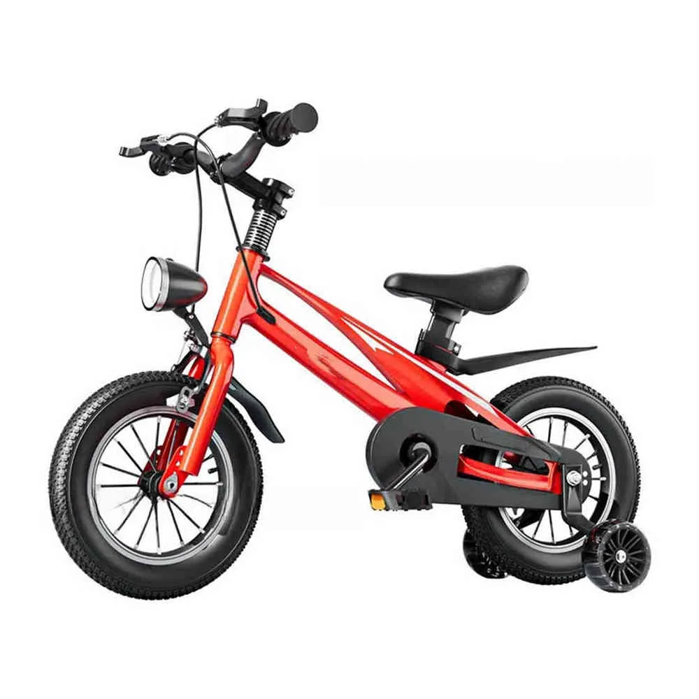 Wholesale ride-on toys: red kids' bicycle featuring black training wheels, front headlight, and adjustable seat.