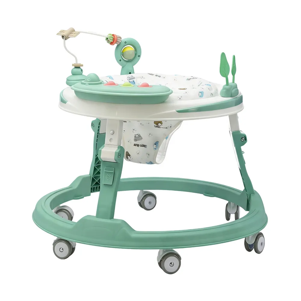 Wholesale Rotating Baby Walker BW751 in mint green with 360 rotating seat and activity toys.