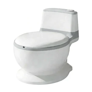 Wholesale Simulator Baby Potty PT201 in grey featuring a flushing sound button, PU cushion, and removable bowl.