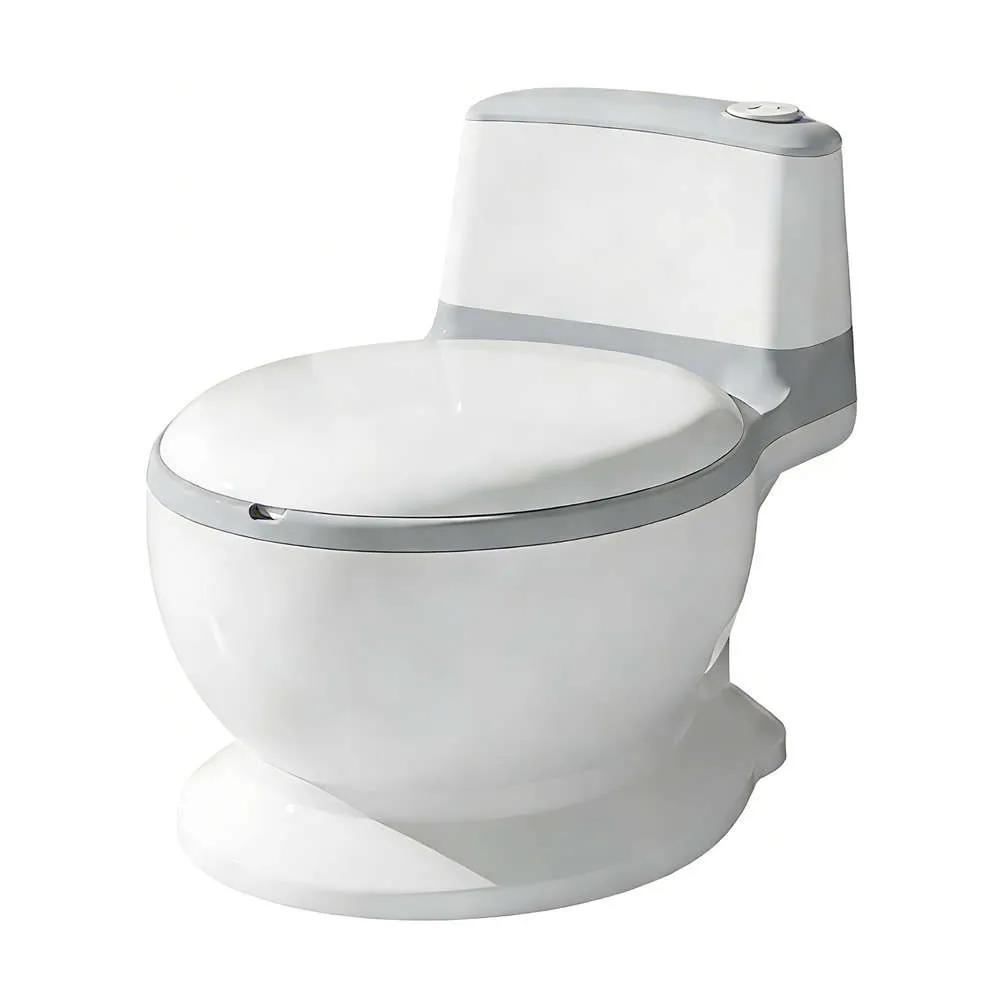 Wholesale Simulator Baby Potty PT201 in grey featuring a flushing sound button, PU cushion, and removable bowl.
