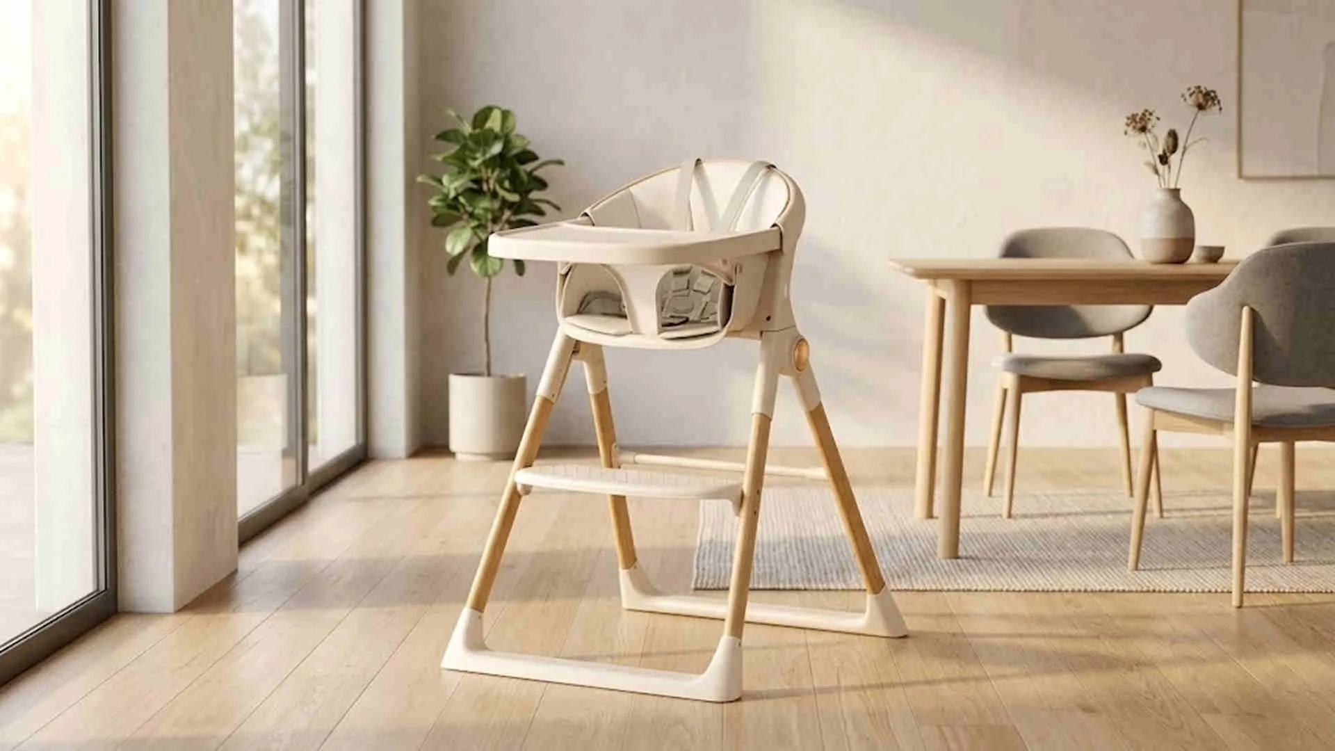 A premium Wood Grain Baby High Chair featuring a hyper-realistic wood aesthetic in a modern Scandinavian home.