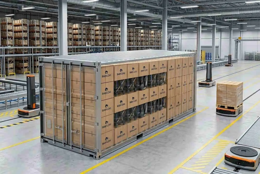 Baby Gear Factory Audits result: Transparent shipping container showing optimized mixed loading of boxed baby strollers.