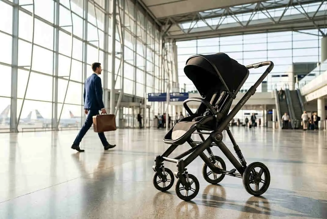 Baby Gear Factory Audits standard: Premium black travel stroller parked in a bright modern airport terminal.