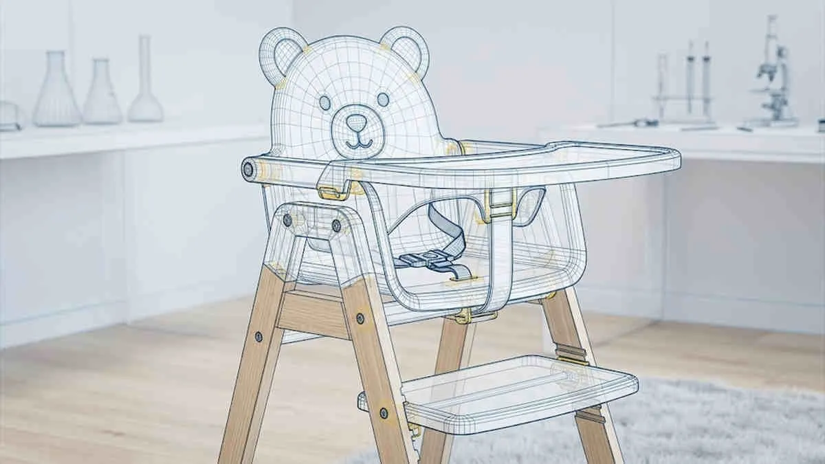 Baby Gear Industry Market Intelligence: Technical blueprint of a high chair with bear motif in a professional laboratory.