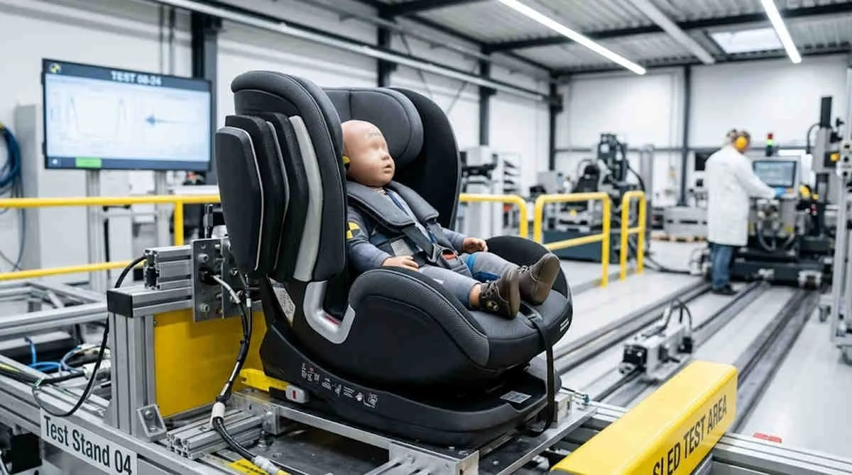 Baby Gear Retail Compression: Child safety car seat undergoing a rigorous sled crash test with a dummy in a lab.