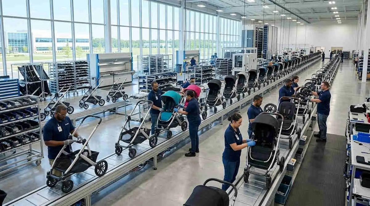 Baby Gear Retail Compression solution: Modern factory assembly line producing high-quality baby strollers.