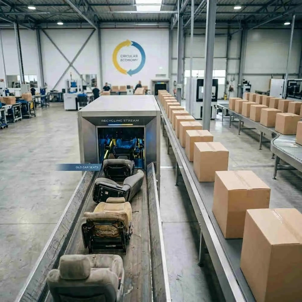 Baby gear sourcing risks mitigated by circular economy car seat recycling and sustainable factory manufacturing.