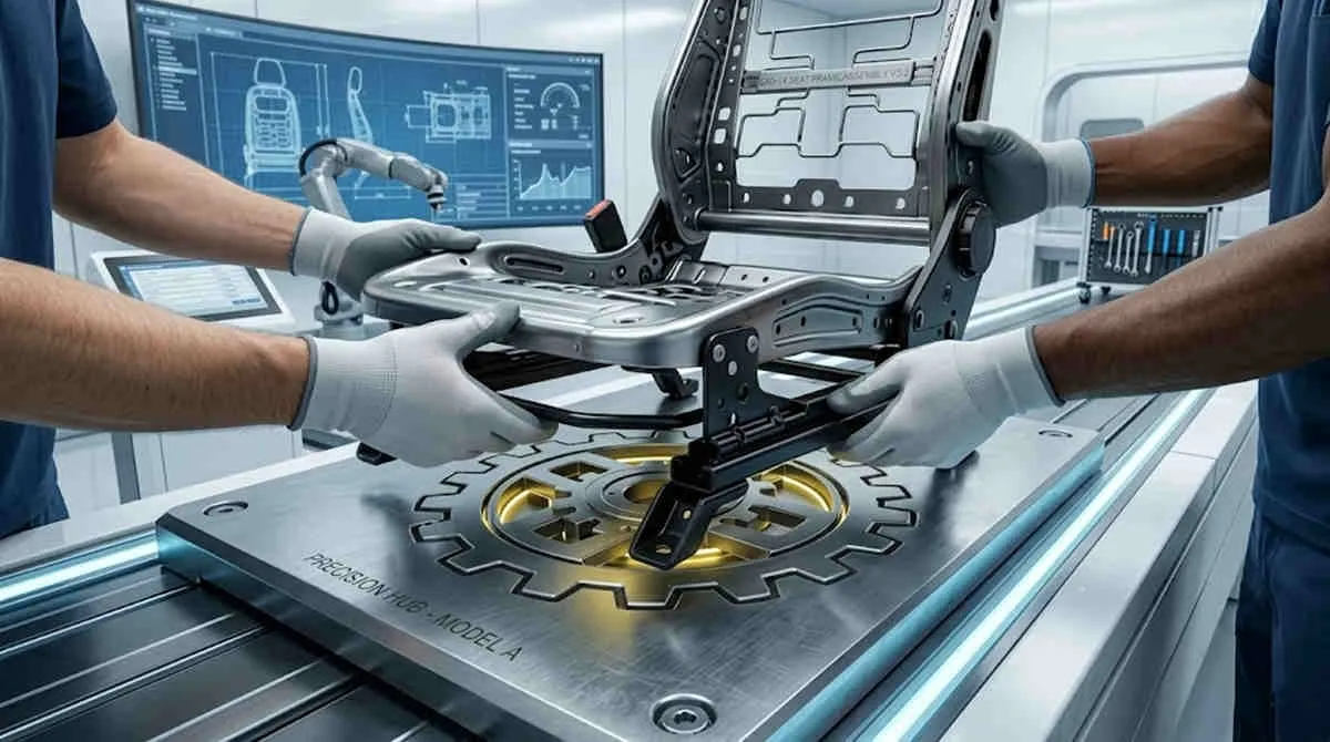 Baby Gear Structural Compliance: Two engineers assembling a reinforced metal car seat frame.