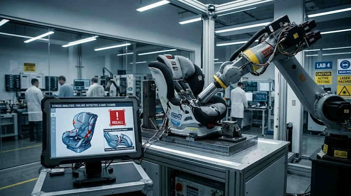 Baby Gear Structural Compliance: Robotic arm conducting stress tests on a car seat in a high-tech lab.