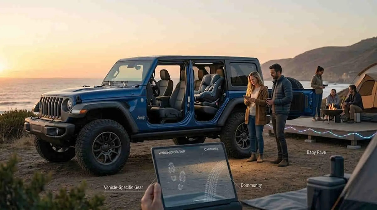 Baby Gear Structural Compliance: Custom car seat installed in an off-road Jeep at a sunset campsite.