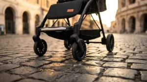 Cobblestone Stroller Wholesale: ST523 model with heavy-duty wheels navigating rough European stone pavement at sunset.