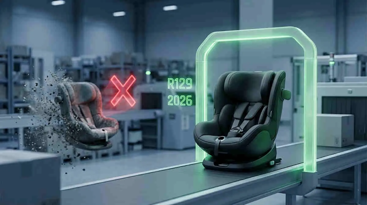 E-commerce car seat compliance: Modern R129 seat passing a green gate while an old seat crumbles under a red recall X.