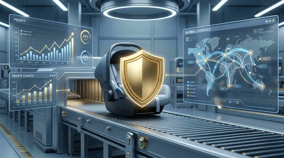 E-commerce car seat compliance: Baby car seat protected by a golden shield on a conveyor belt, amid global profit charts.