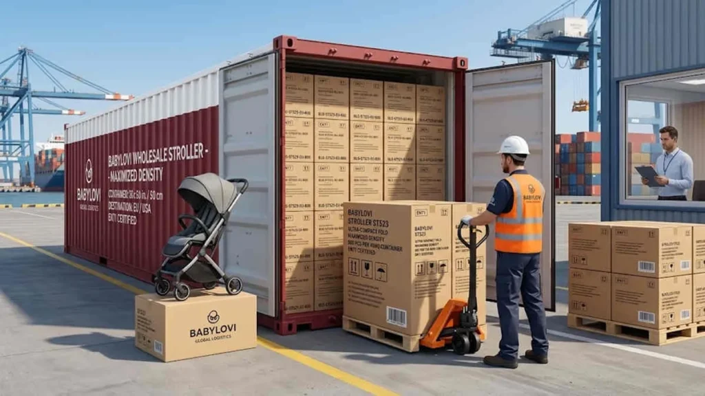 High-Loading Stroller Wholesale: Workers loading ST523 compact strollers into a 40HQ container for maximum density.