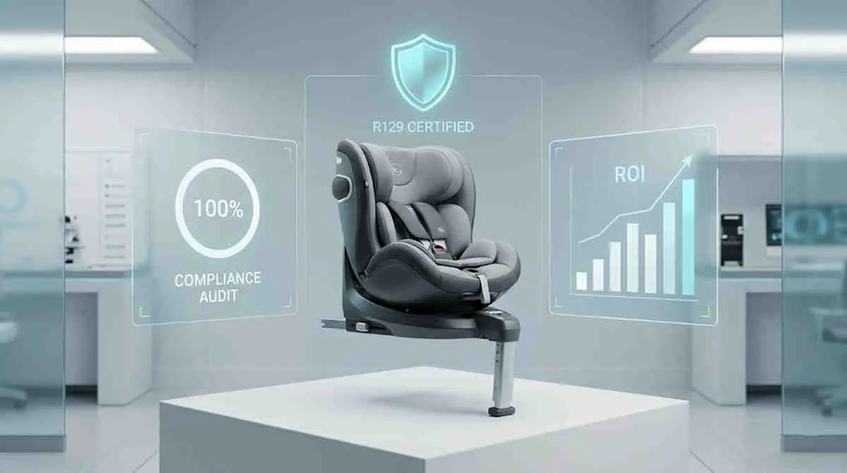 R129 compliance sourcing: 3D render of a certified child car seat with holographic compliance audit and ROI data panels.