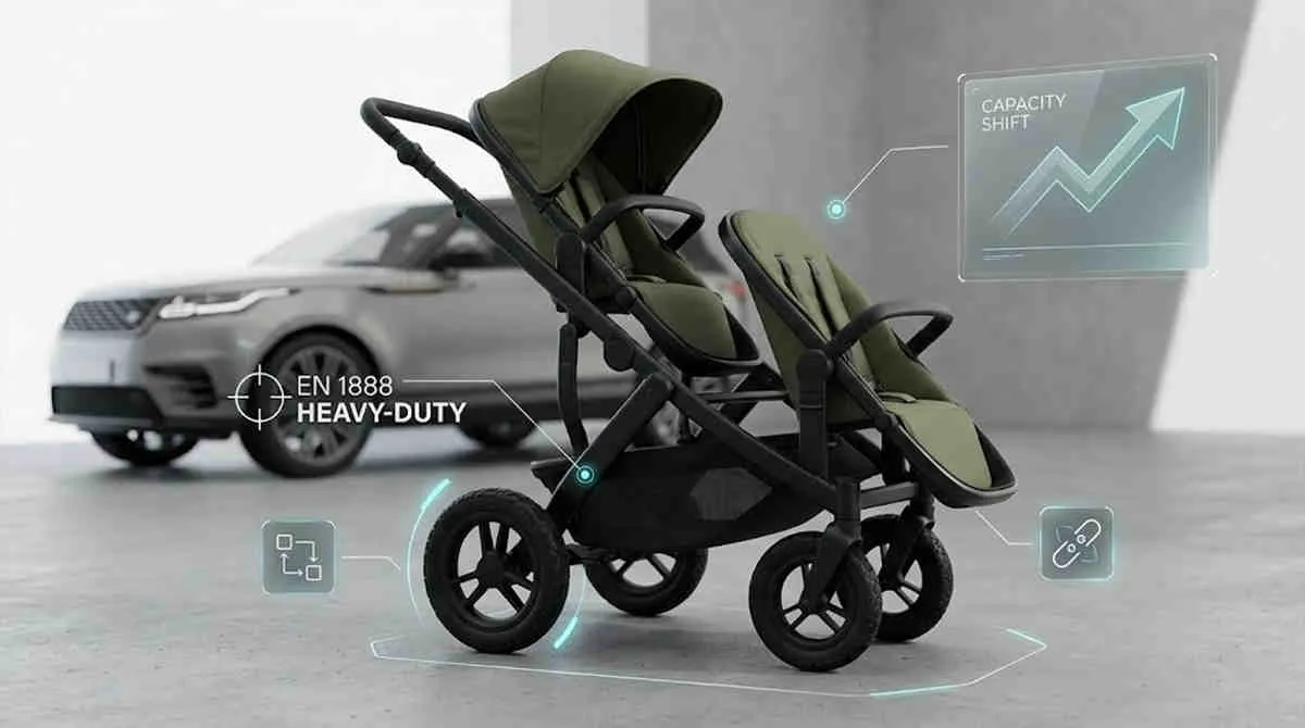 R129 compliance sourcing portfolio: Heavy-duty modular tandem stroller with EN 1888 holographic data panels.