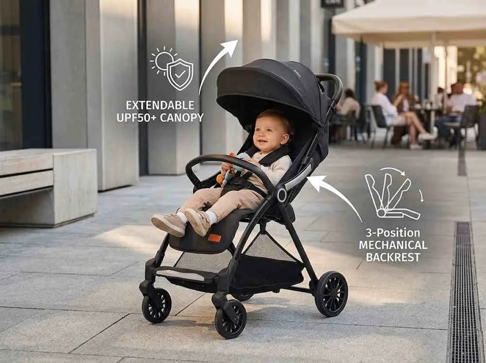 ST523 Stroller Wholesale urban lifestyle view: Featuring mechanical backrest and UPF50+ canopy for premium retail markets.