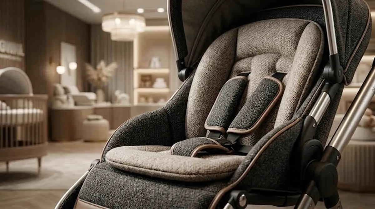 Stroller soft goods wholesale premium textured fabrics on a luxury stroller in a modern retail showroom setting.