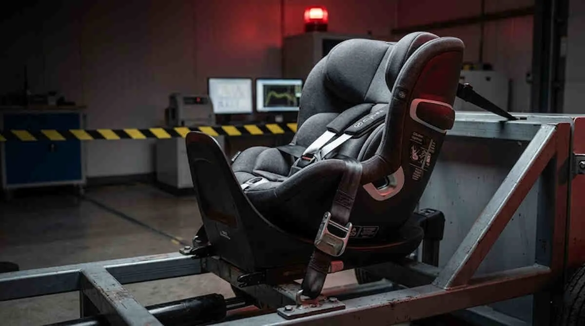 Stroller soft goods wholesale safety testing for a baby car seat inside a high-tech engineering compliance laboratory.