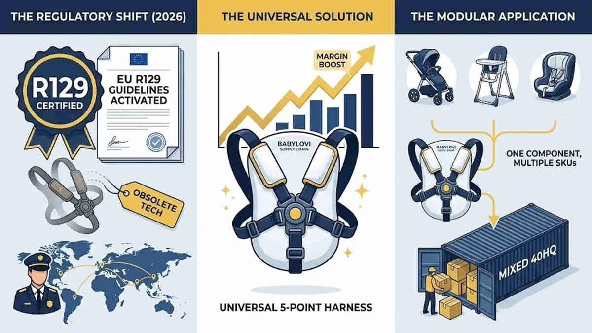 Universal 5-point harness wholesale: R129 safety standards, modular baby gear use, and 40HQ container loading benefits.