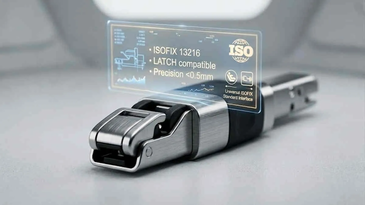 Universal Gear Adaptability: High-precision ISOFIX connector with a holographic technical interface display.