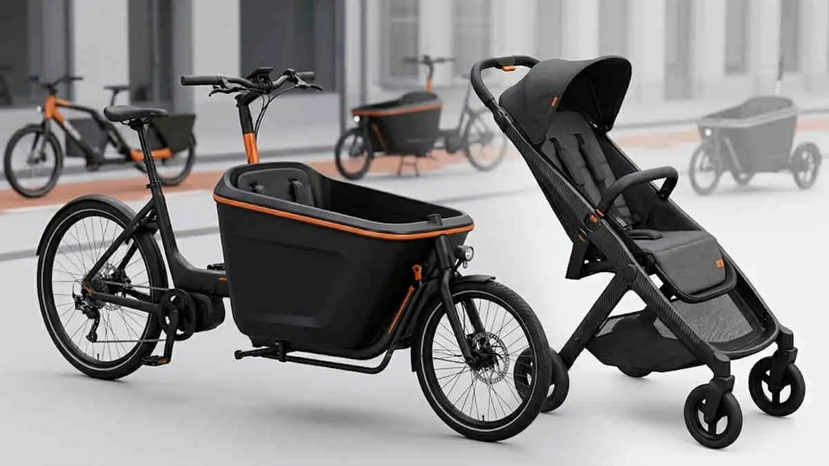 Urban Mobility Baby Gear: A sleek black e-cargo bike and matching modular baby stroller parked on a city street.