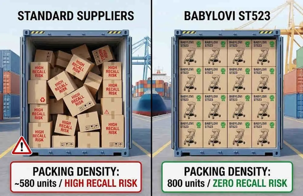Urban premium stroller wholesale: logistics chart comparing ST523 800 unit density versus high-risk suppliers.