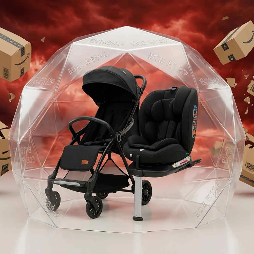 Washable premium baby gear protected by an EN1888-2 and ECE R129 compliance shield amidst falling recall boxes.