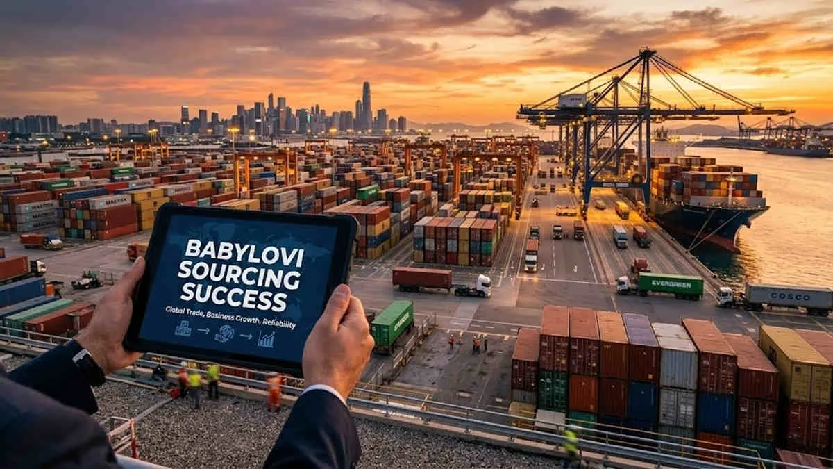 Wholesale baby travel accessories sourcing success displayed on a tablet at a busy container port during sunset.