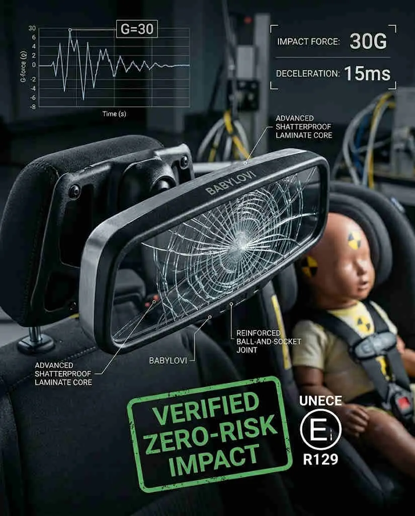 Wholesale car seat accessories impact test showing shatterproof mirror durability and ECE R129 safety compliance.