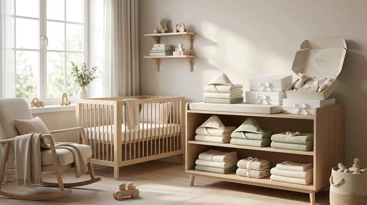2026 Nursery Niche Market Strategies: Premium hooded towel sets and gift boxes in a minimalist wooden nursery showroom.