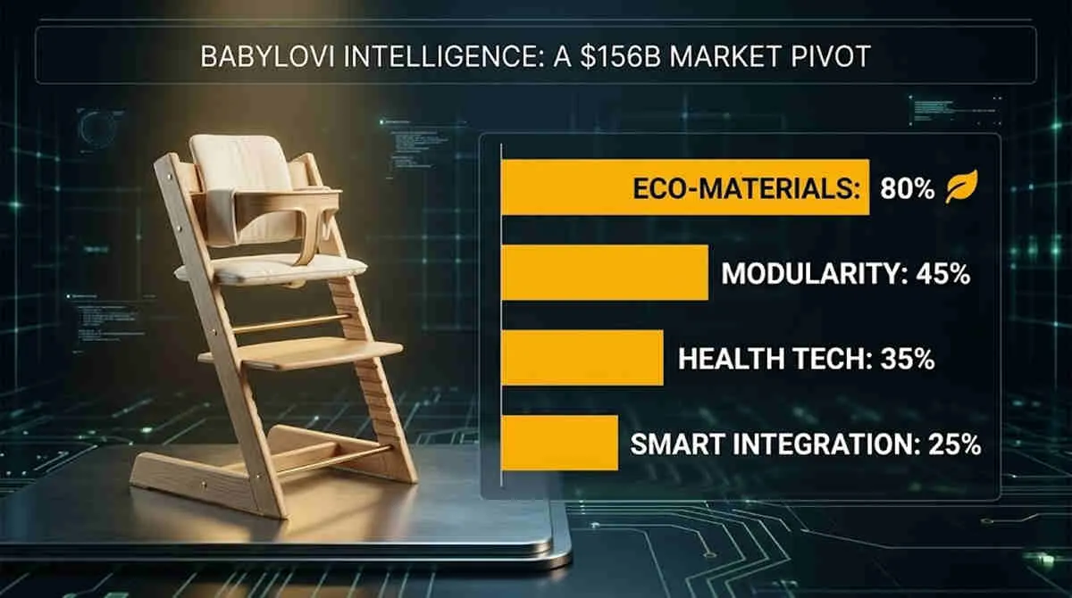 Premium nursery gear sourcing chart showing 80% demand for eco-materials within a $156B strategic market pivot.