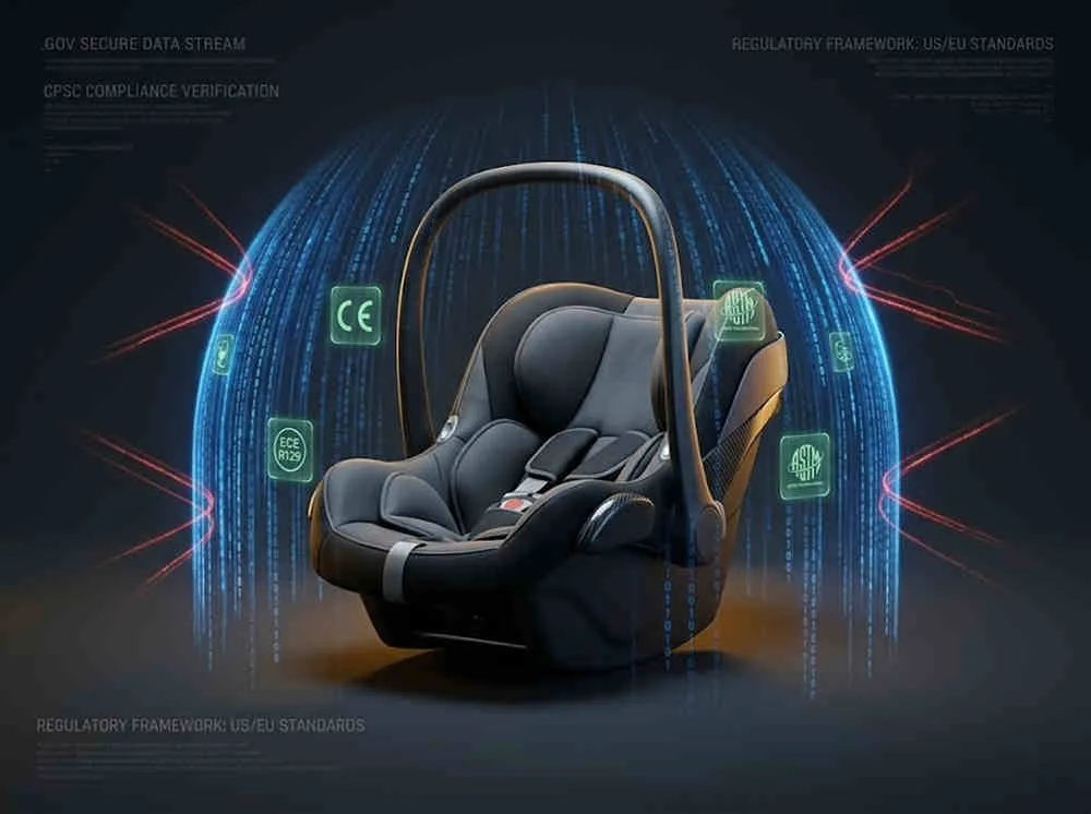 Showroom-ready auto-fold stroller wholesale: Safety shield protecting juvenile gear with ECE R129 and ASTM standards.