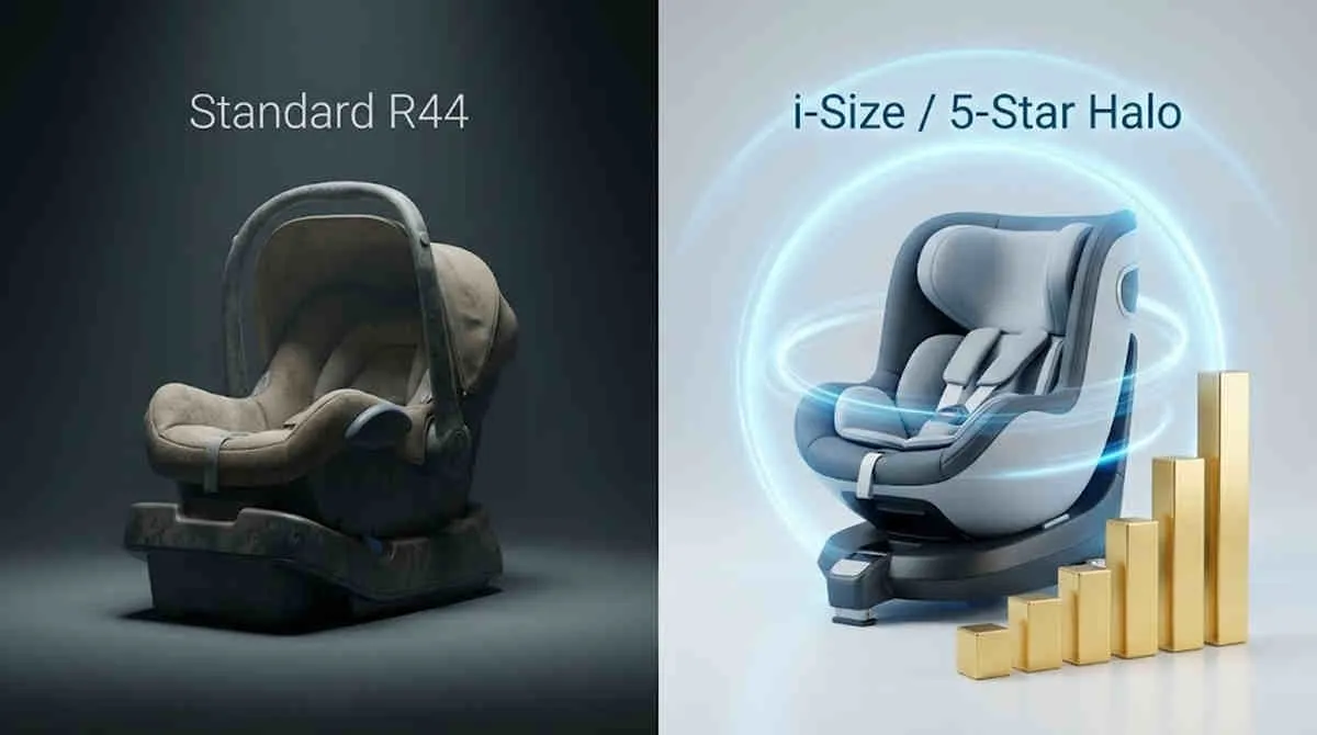 Strategic Juvenile Gear Sourcing: Comparison of obsolete R44 static car seat and modern i-Size 360-swivel seat with chart.