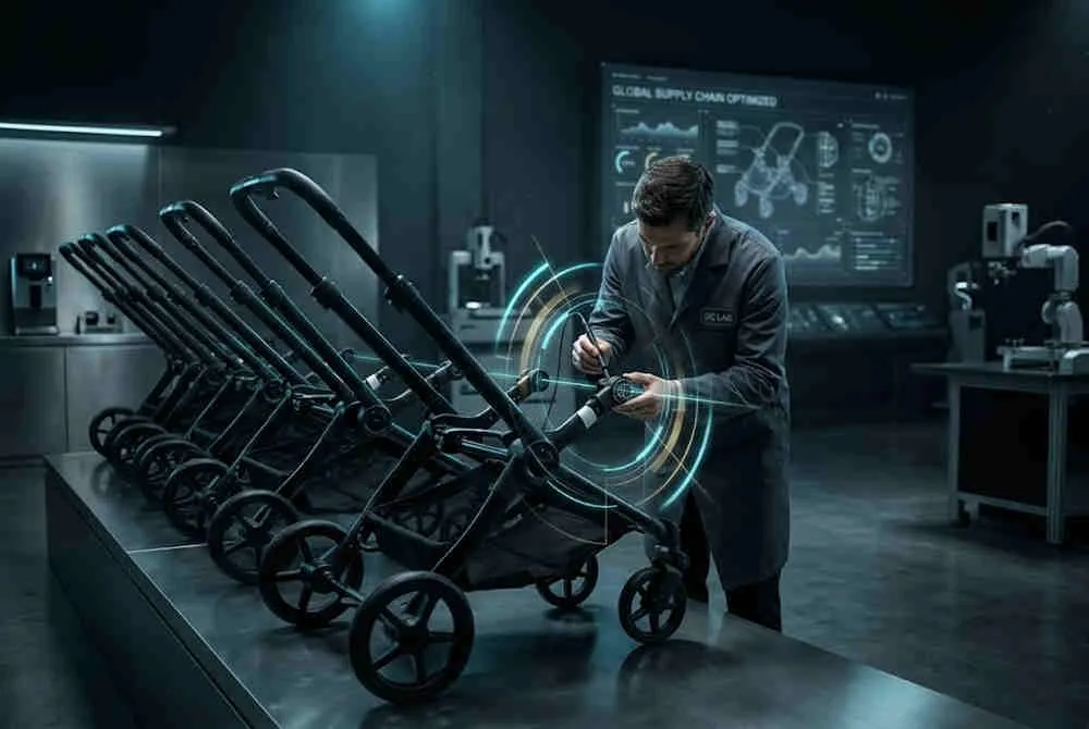 Wholesale double stroller accessories factory quality control testing with a technician verifying engineering tolerances.