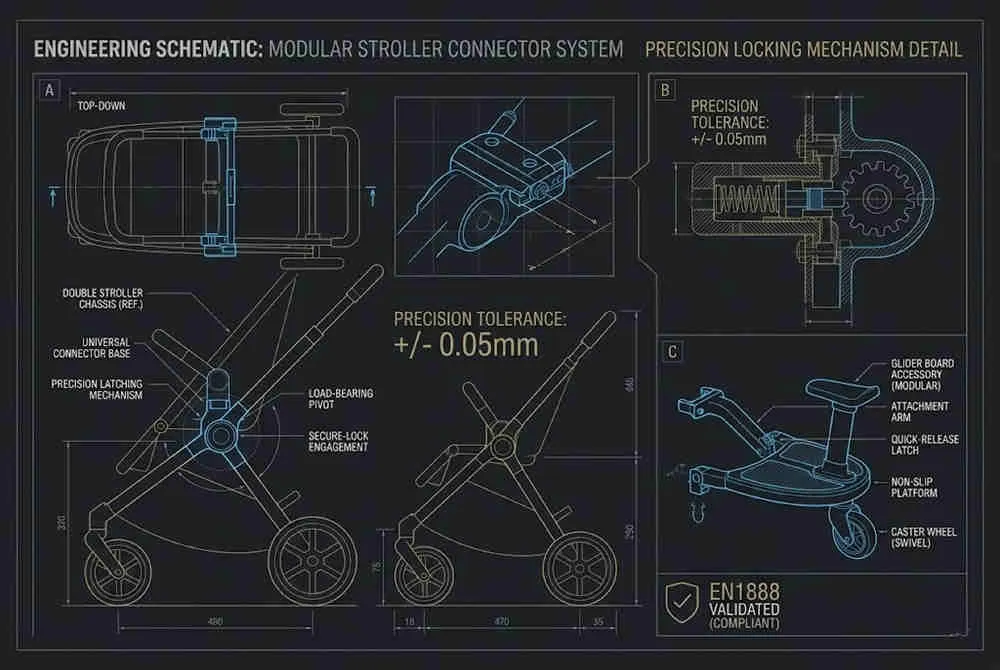 Wholesale double stroller accessories technical blueprint showing modular frame connectors and EN1888 specifications.