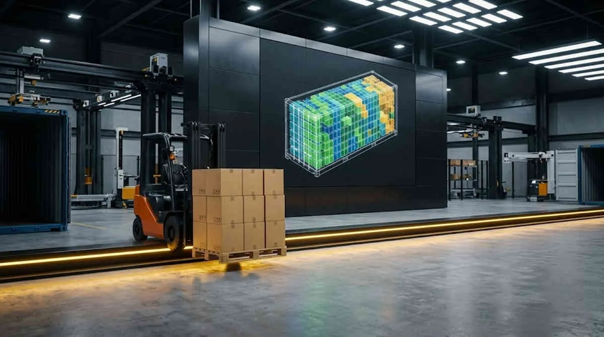 Compliant Infant Lounger Sourcing cartons loaded by a forklift near a digital 3D container optimization diagram.