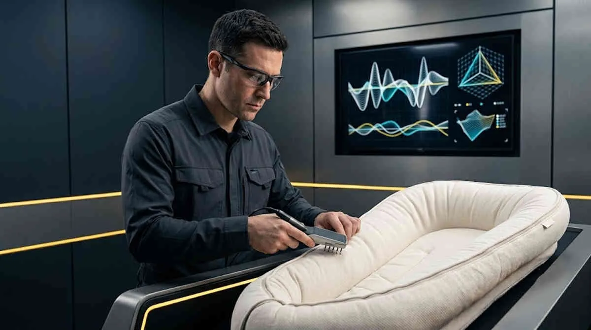 Compliant Infant Lounger Sourcing model evaluated by an engineer with a testing probe in a safety compliance lab.