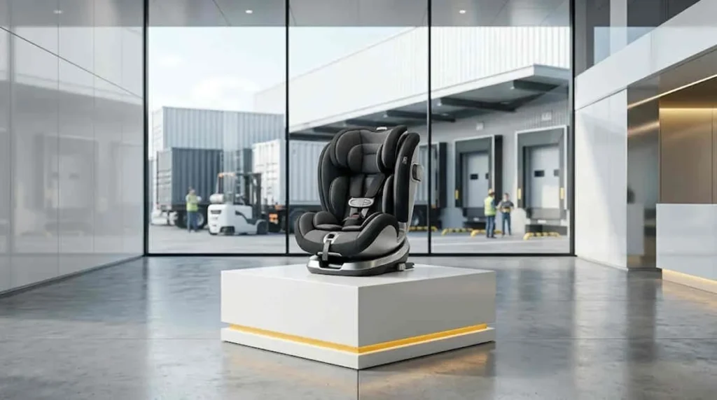 Crash Tested Car Seat Wholesale display on a showroom pedestal overlooking a shipping dock container loading bay.