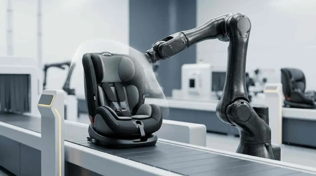 Crash Tested Car Seat Wholesale model inspected by a robotic quality control arm on an automated factory conveyor belt.