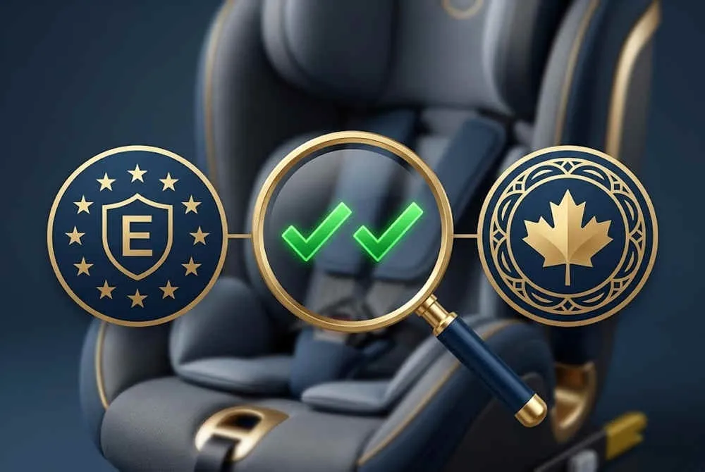 ECE R129 Canada Import Requirements verification with magnifying glass over car seat, ECE R129 logo, and Canadian maple leaf.