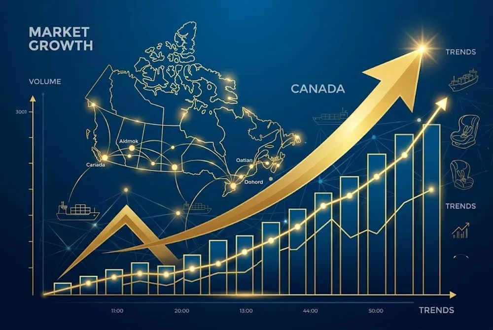 ECE R129 Canada Import Requirements market growth chart with rising gold arrow and Canadian map.