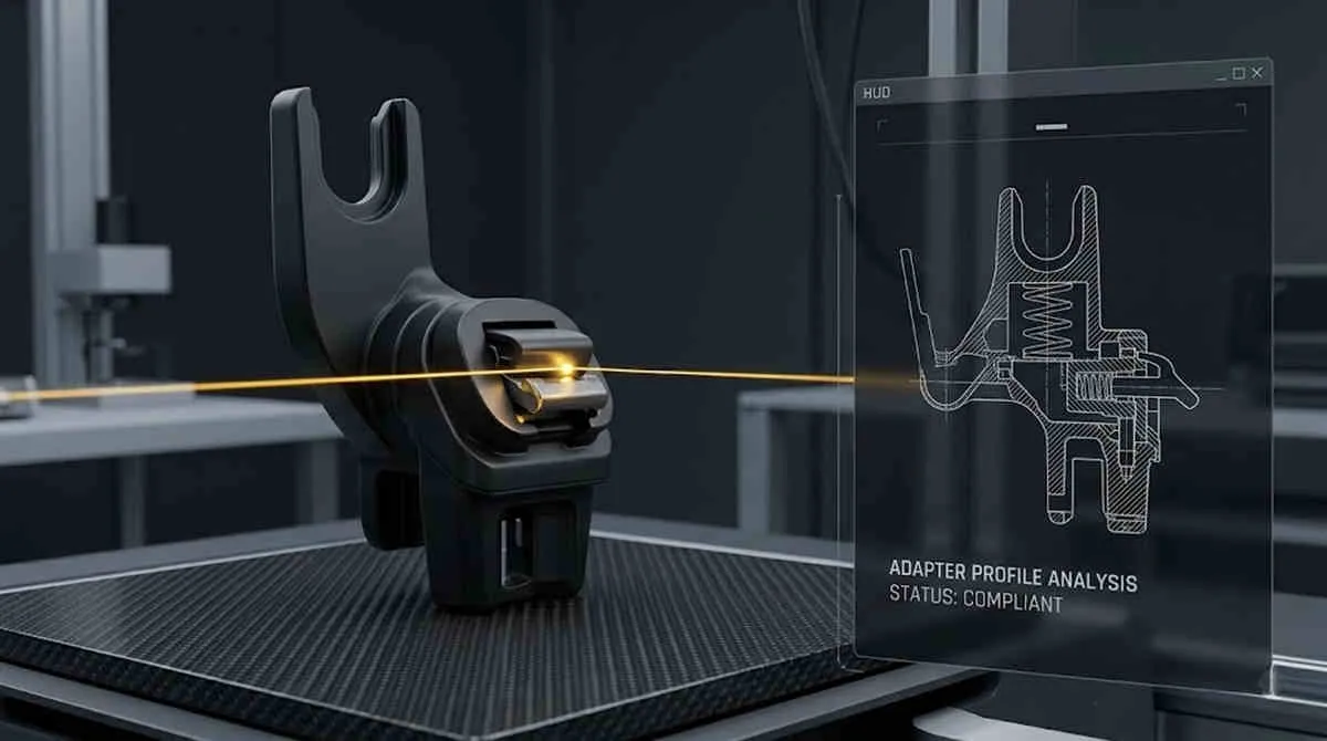ECE R129 Car Seat Adapter Sourcing: laser profiling a car seat adapter next to a digital HUD schematic.