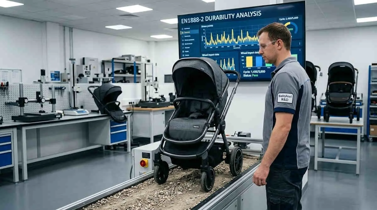EN1888 Stroller Fleet Wholesale: Technician inspecting a stroller undergoing automated durability testing.