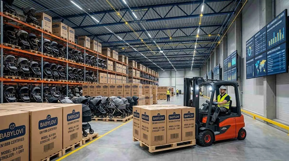 EN1888 Stroller Fleet Wholesale: Forklift moving Babylovi certified stroller pallets in a modern warehouse.
