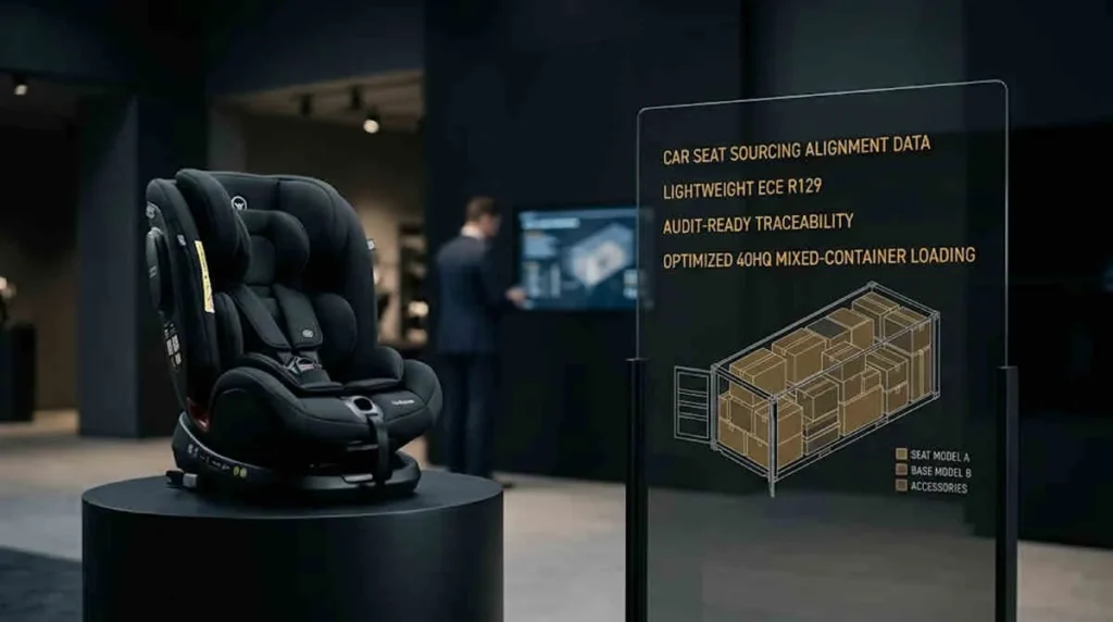 Lightweight Newborn Car Seat Sourcing: premium car seat next to a HUD screen displaying 40HQ container loading data.