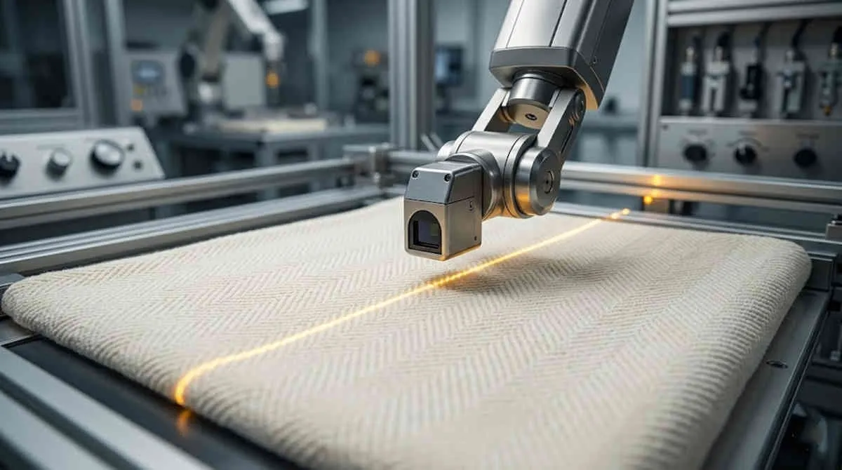 Premium Baby Blanket Wholesale: robotic sensor arm executing a laser compliance scan on a knitted fabric.