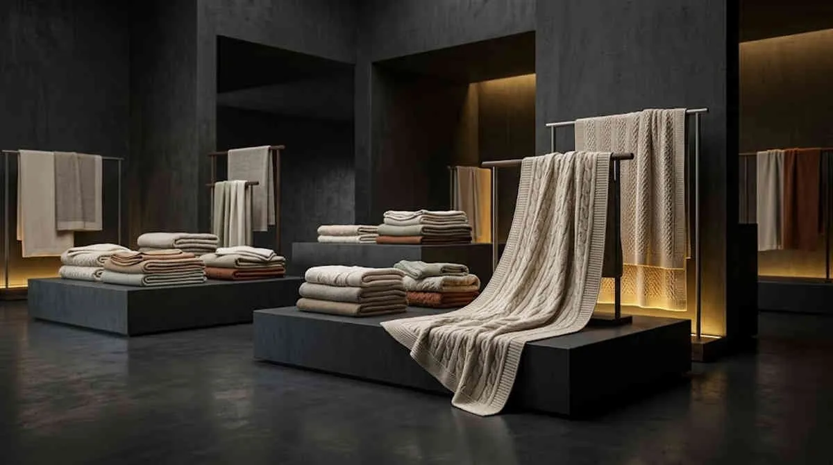 Premium Baby Blanket Wholesale: luxury organic blankets neatly arranged on sleek concrete platform tiers.