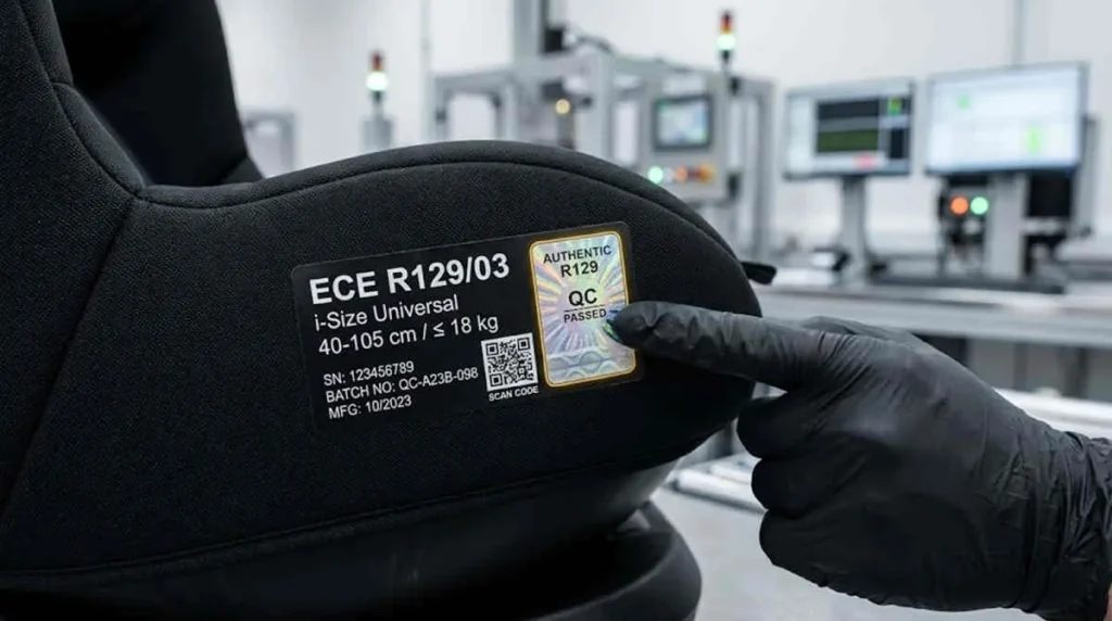 R129 Anti-Counterfeit Car Seat Wholesale certification label showing a genuine holographic security seal.